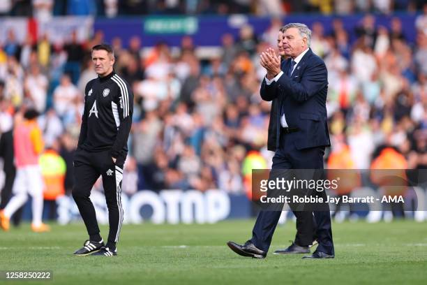 Sam Allardyce the head coach / manager of Leeds United applauds the fans after being relegated during the Premier League match between Leeds United...