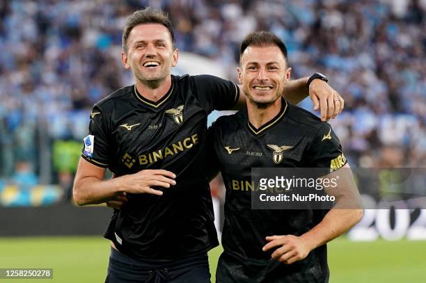 Stefan Radu of SS Lazio celebrates last match with SS Lazio with Senad Lulic former player of SS Lazio during the Serie A match between SS Lazio and...