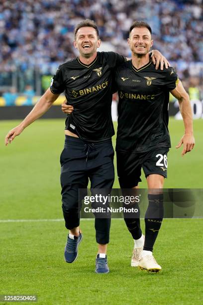 Stefan Radu of SS Lazio celebrates last match with SS Lazio with Senad Lulic former player of SS Lazio during the Serie A match between SS Lazio and...