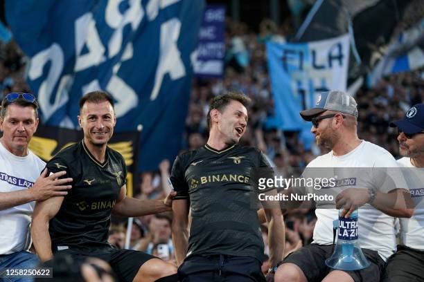Stefan Radu of SS Lazio celebrates last match with SS Lazio with Senad Lulic former player of SS Lazio during the Serie A match between SS Lazio and...