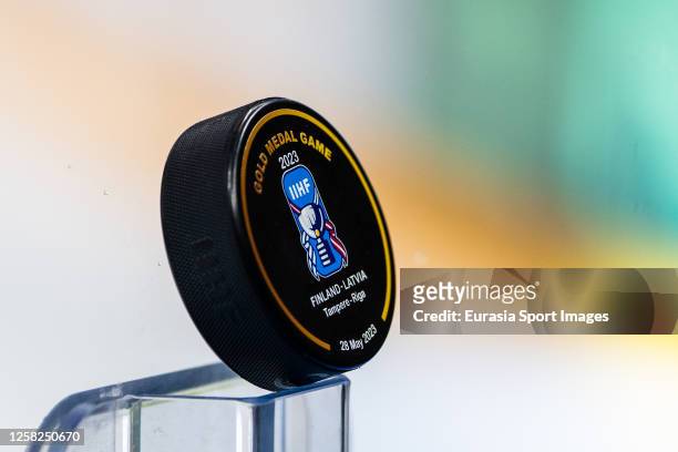 Official gold medal game puck during the 2023 IIHF Ice Hockey World Championship Finland - Latvia game between Canada and Germany at Nokia Arena on...