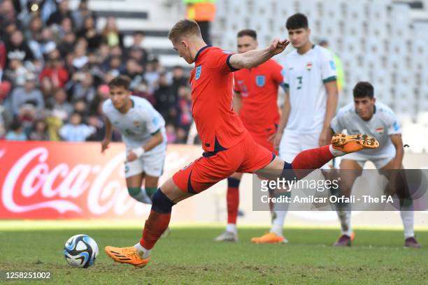 Liam Delap of England kicks a penalty shot during the FIFA U-20 World Cup Argentina 2023 Group E match between Iraq and England at Estadio Unico...