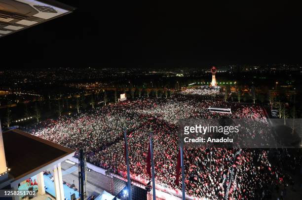Supporters of Turkish President Recep Tayyip Erdogan gather to celebrate as Erdogan leads Turkiye's presidential runoff election at the Presidential...