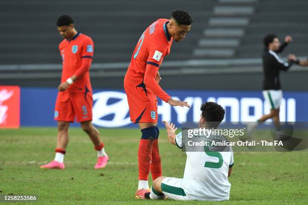 Daniel Jebbison of England greets Abdulrazzaq Qasim of Iraq at the end of the FIFA U-20 World Cup Argentina 2023 Group E match between Iraq and...