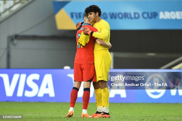 Alfie Devine of England greets Hussein Hassan of Iraq at the end of the FIFA U-20 World Cup Argentina 2023 Group E match between Iraq and England at...
