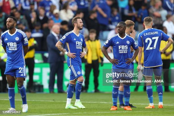 James Maddison of Leicester City and teammates dejected after Leicester City are relegated from the Premier League after the Premier League match...