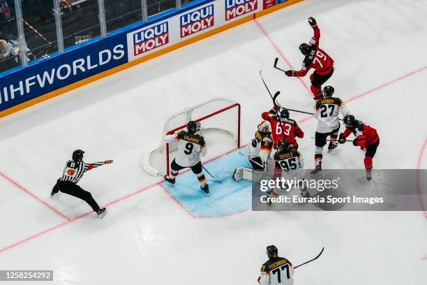 Samuel Blais of Canada score the game winning goal during the 2023 IIHF Ice Hockey World Championship Finland - Latvia game between Canada and...