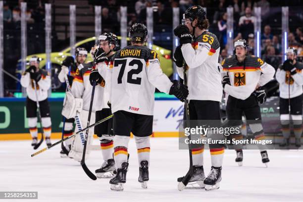 Moritz Seider of Germany and Dominik Kahun of Germany was crushed after been defeated during the 2023 IIHF Ice Hockey World Championship Finland -...