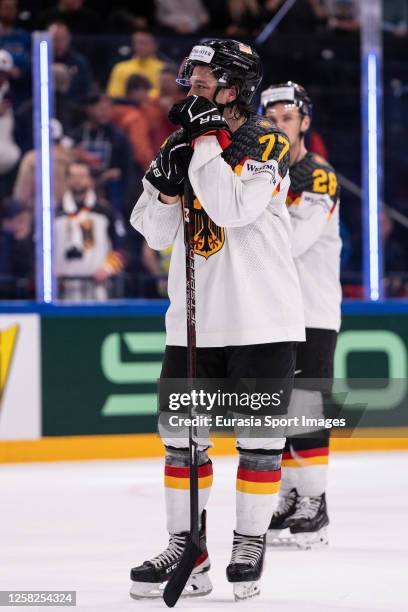 Daniel Fischbuch of Germany was crushed after been defeated during the 2023 IIHF Ice Hockey World Championship Finland - Latvia game between Canada...