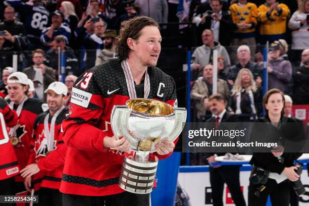 Tyler Toffoli of Canada with trophy during the 2023 IIHF Ice Hockey World Championship Finland - Latvia game between Canada and Germany at Nokia...