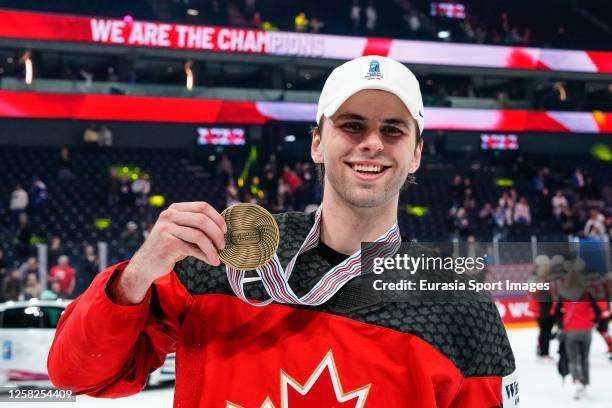 Adam Fantilli of Canada with gold medal during the 2023 IIHF Ice Hockey World Championship Finland - Latvia game between Canada and Germany at Nokia...