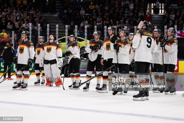 Germany squad are crushed after been defeated during the 2023 IIHF Ice Hockey World Championship Finland - Latvia game between Canada and Germany at...