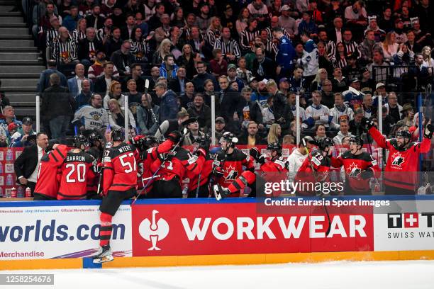 Canadian bench celebrate during the 2023 IIHF Ice Hockey World Championship Finland - Latvia game between Canada and Germany at Nokia Arena on May...