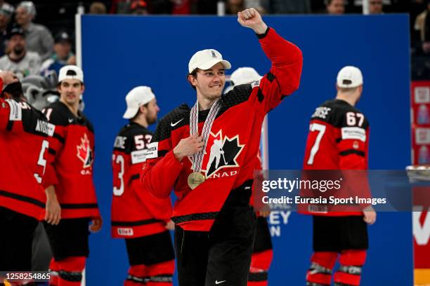 Cody Glass of Canada celebrate winning the gold medal during the 2023 IIHF Ice Hockey World Championship Finland - Latvia game between Canada and...