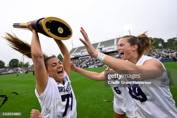 Hailey Rhatigan and Carleigh Mahoney of the Northwestern Wildcats defeating the Boston College Eagles during the Division I Women's Lacrosse...