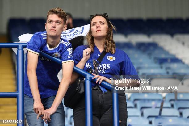 Dejected Leicester City fans at full time of the Premier League match between Leicester City and West Ham United at The King Power Stadium on May 28,...