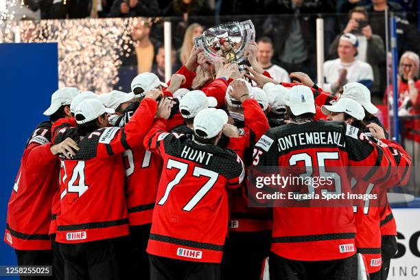 Canada celebrate winning the gold medal during the 2023 IIHF Ice Hockey World Championship Finland - Latvia game between Canada and Germany at Nokia...