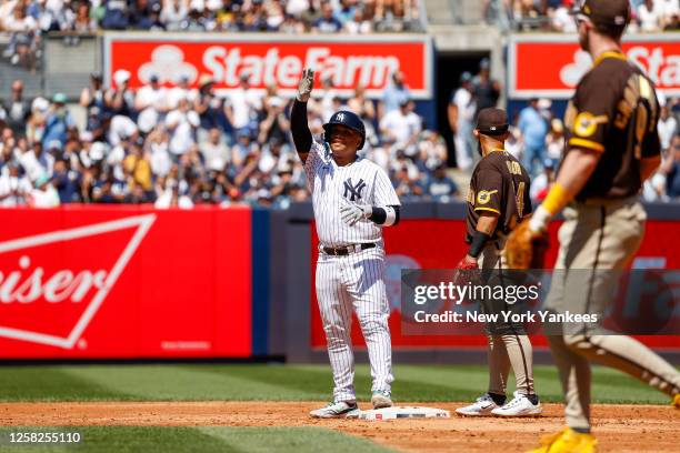 Willie Calhoun of the New York Yankees gestures to the dugout during a game against the San Diego Padres at Yankee Stadium on May 28 in New York, New...