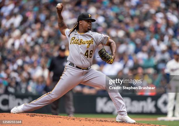 Starter Luis L. Ortiz of the Pittsburgh Pirates pitches during the second inning of a game against the Seattle Mariners at T-Mobile Park on May 28,...