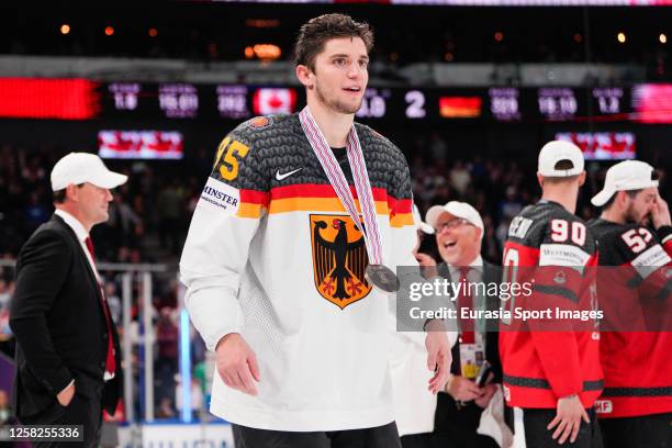 Frederik Tiffels with the silver medal during the 2023 IIHF Ice Hockey World Championship Finland - Latvia game between Canada and Germany at Nokia...