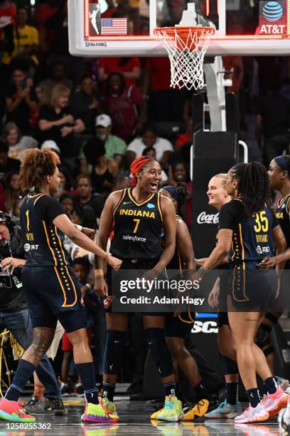 Indiana Fever celebrates the win against the Atlanta Dream on May 28, 2023 at Gateway Center Arena at College Park in Atlanta, Georgia. NOTE TO USER:...