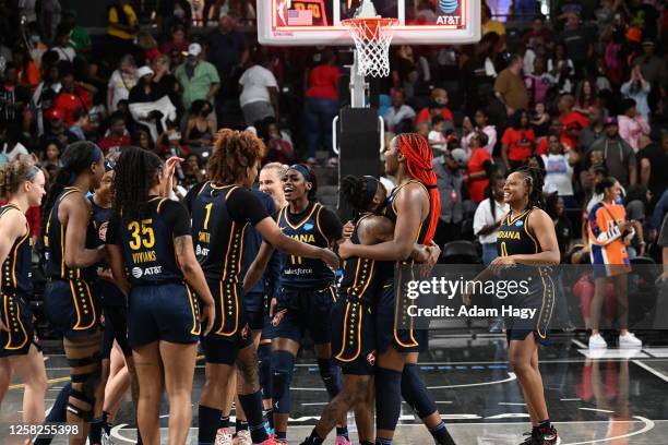 Indiana Fever celebrates the win against the Atlanta Dream on May 28, 2023 at Gateway Center Arena at College Park in Atlanta, Georgia. NOTE TO USER:...