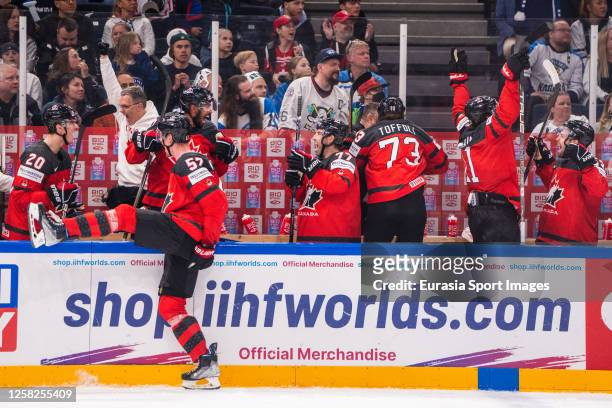 Team Canada celebrates the 3-2 of Samuel Blais of Canada during the 2023 IIHF Ice Hockey World Championship Finland - Latvia game between Canada and...
