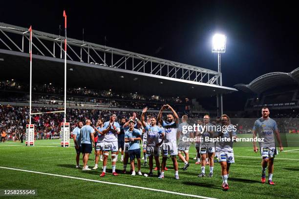 Players of Bayonne salute their fans after the French Top 14 rugby match between Lyon and Bayonne at MATMUT Stadium on May 28, 2023 in Lyon, France.