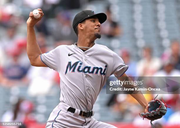 Eury Perez of the Miami Marlins pitches in the first inning against the Los Angeles Angels at Angel Stadium of Anaheim on May 28, 2023 in Anaheim,...