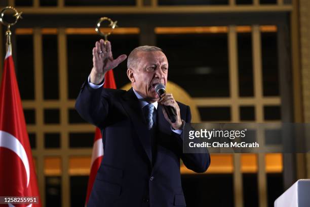 President Recep Tayyip Erdogan speaks at the presidential palace after winning reelection in a runoff on May 28, 2023 in Ankara, Turkey. Erdogan was...