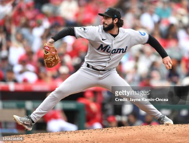 Andrew Nardi of the Miami Marlins pitches in the seventh inning against the Los Angeles Angels at Angel Stadium of Anaheim on May 28, 2023 in...