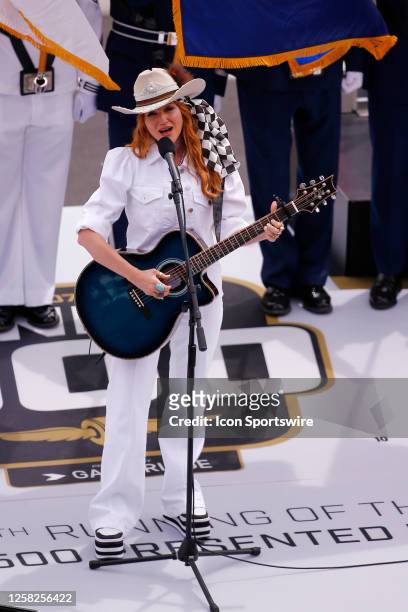 Singer Song writer Jewel sings the National Anthem prior to the start of the NTT IndyCar Series 107th Indianapolis 500 on May 28, 2023 at the...