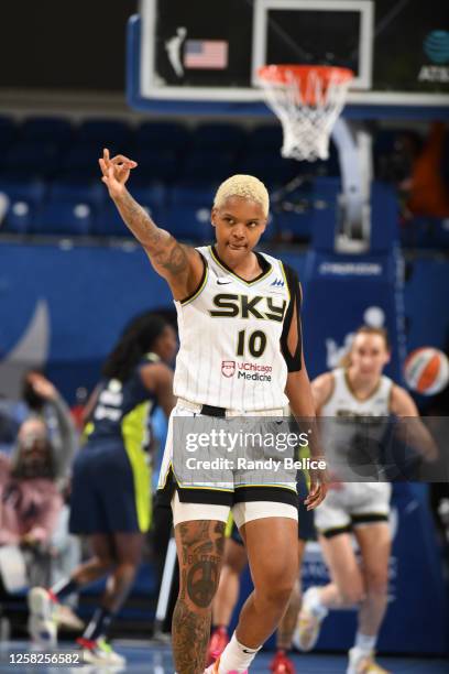 Courtney Williams of the Chicago Sky celebrates a three point basket during the game against the Dallas Wings on May 28, 2023 at the Wintrust Arena...