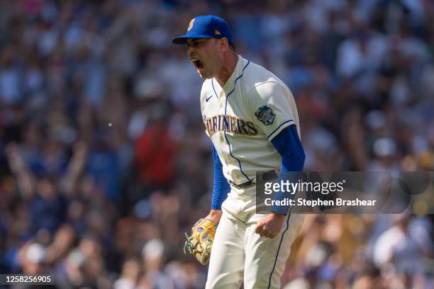 Reliever Tayler Saucedo of the Seattle Mariners reacts after striking out Bryan Reynolds of the Pittsburgh Pirates during the ninth inning of a game...