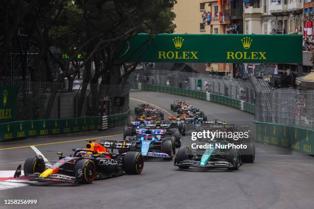 Max Verstappen of Red Bull Racing is seen leading on the track during the start of F1 Grand Prix of Monaco at Circuit de Monaco on May 28, 2023 in...