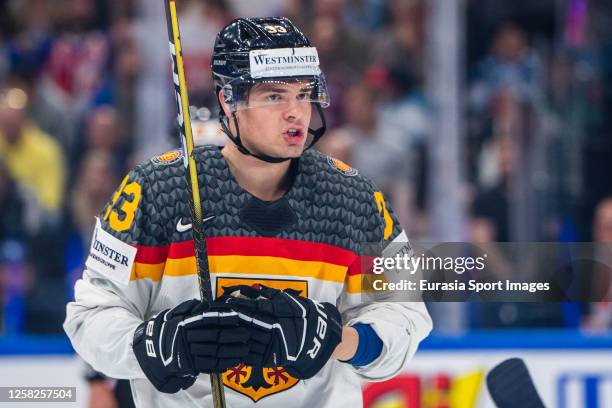 John Peterka of Germany before a face-off during the 2023 IIHF Ice Hockey World Championship Finland - Latvia game between Canada and Germany at...