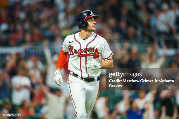 Matt Olson of the Atlanta Braves hits a home run during the fifth inning during the game against the Philadelphia Phillies at Truist Park on May 28,...