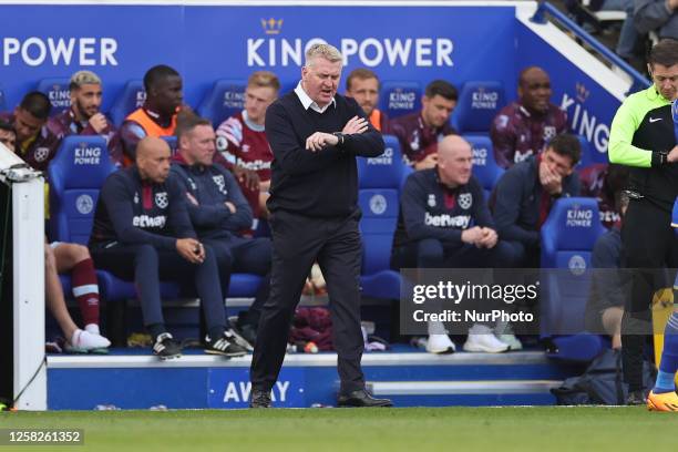 Leicester City Manager Dean Smith looks at his watch near the final whistle during the Premier League match between Leicester City and West Ham...