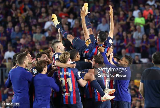 Farewell to Sergio Busquets and Jordi Alba at the end of the match between FC Barcelona and RCD Mallorca, corresponding to the week 37 of the Liga...