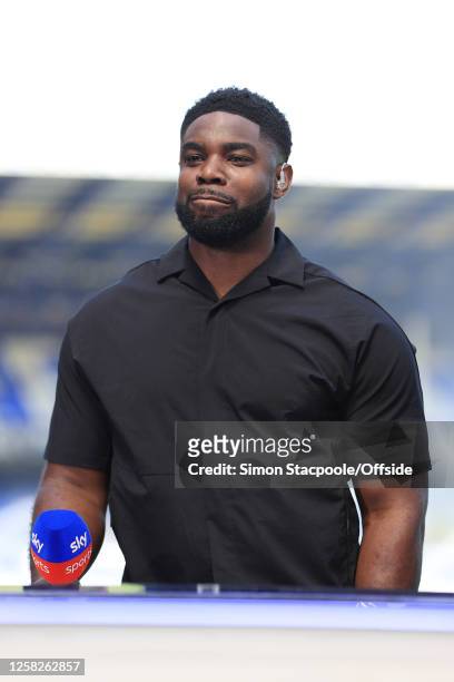 Sky Sports pundit Micah Richards holds the microphone during the Premier League match between Everton FC and AFC Bournemouth at Goodison Park on May...