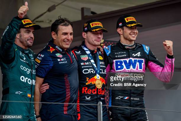 Fernando Alonso of Spain and Aston Martin, Max Verstappen, Red Bull Racing RB19 and Esteban Ocon of Alpine and France during the F1 Grand Prix of...