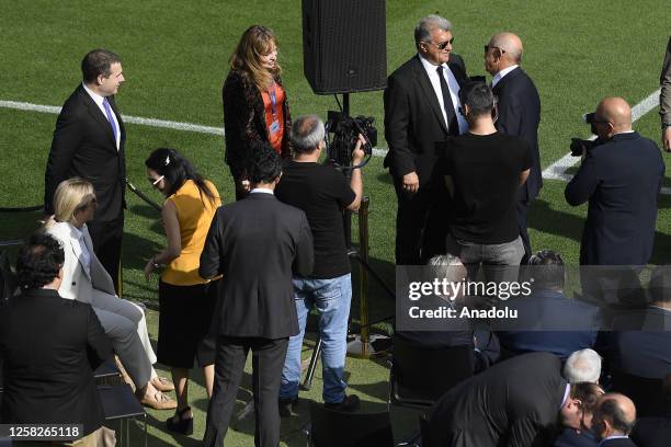 Barcelonaâs president Joan Laporta speaks with Turkish president of Limak Nihat Ozdemir during a symbolic act of laying the first stone of the works...