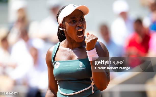 Sloane Stephens of the United States reacts against Karolina Pliskova of the Czech Republic in her first round match on Day Two of Roland Garros on...