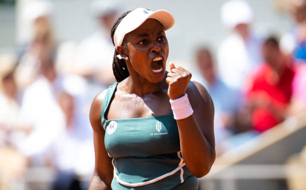 Sloane Stephens of the United States reacts against Karolina Pliskova of the Czech Republic in her first round match on Day Two of Roland Garros on...