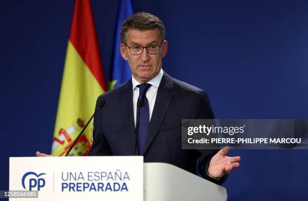 The Popular Party party's leader Alberto Nunez Feijoo gestures during a press conference at the party headquarters in Madrid on May 29, 2023 one day...