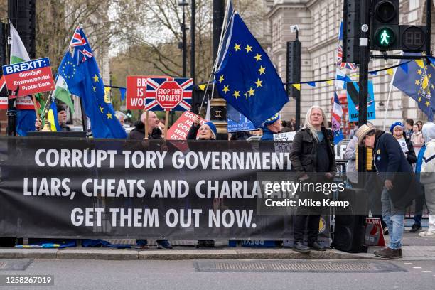 Anti-Brexit protesters continue their campaign against Brexit and the Conservative government in Westminster on 26th April 2023 in London, United...