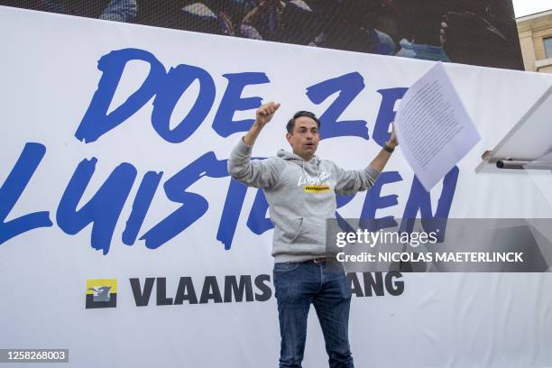 Vlaams Belang chairman Tom Van Grieken delivers a speech at a protest meeting of Flemish far-right party Vlaams Belang at the end of the walking tour...