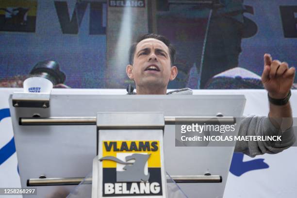 Vlaams Belang chairman Tom Van Grieken delivers a speech at a protest meeting of Flemish far-right party Vlaams Belang at the end of the walking tour...