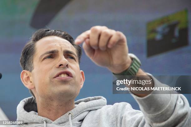 Vlaams Belang chairman Tom Van Grieken delivers a speech at a protest meeting of Flemish far-right party Vlaams Belang at the end of the walking tour...