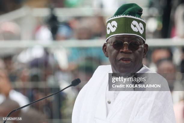 Nigeria's President Bola Tinubu delivers his speech after taking oath of office during his inauguration at the Eagle Square in Abuja, Nigeria on May...